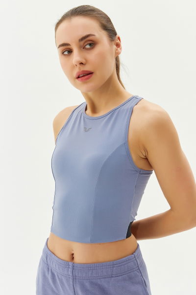 Kadın Mavi Bisiklet Yaka Toparlayıcı Destekli Spor ve Günlük Destekli Crop Top Body Bra | 9209 