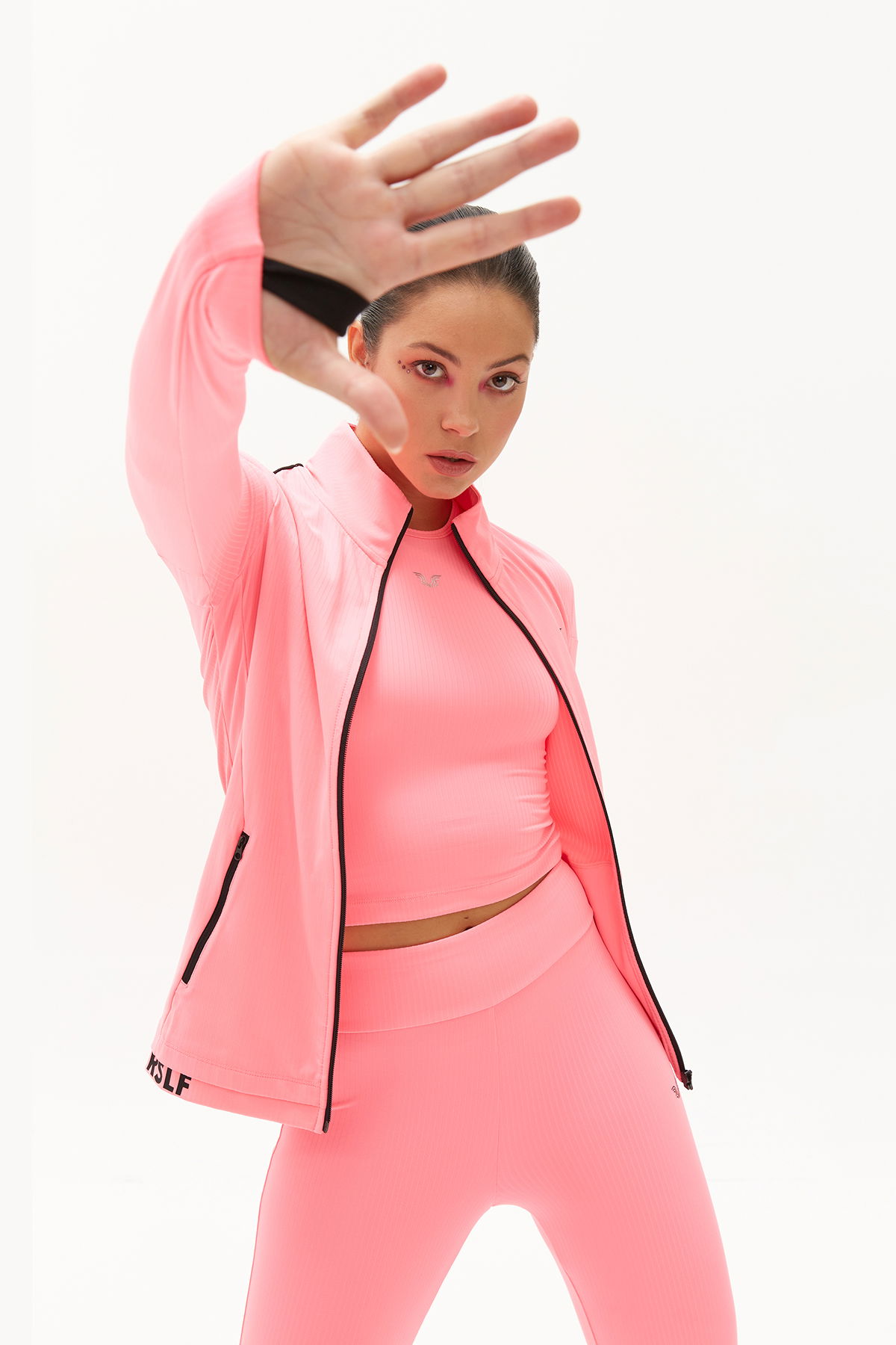 Kadın Pembe Dik Yaka Cepli Fermuarlı Spor Alt Üst 3'lü Eşofman Takımı | 0600 - BİLCEE