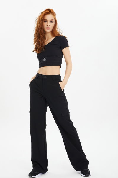 Kadın Siyah Dokuma Bol Paça Kargo Cepli Pantolon 0735 