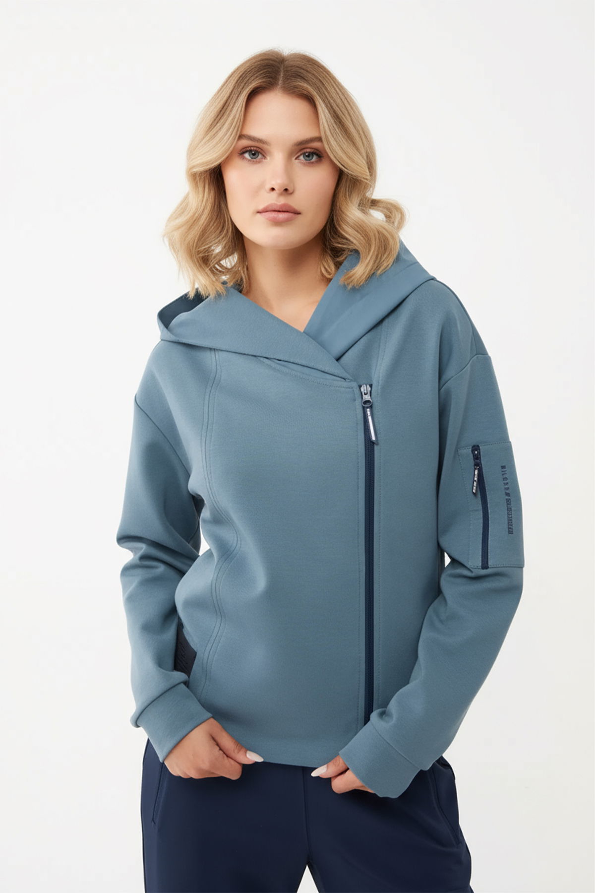 Kadın Fermuarlı Kapüşonlu Kol Cepli Mavi Eşofman Takımı 1523 - BİLCEE