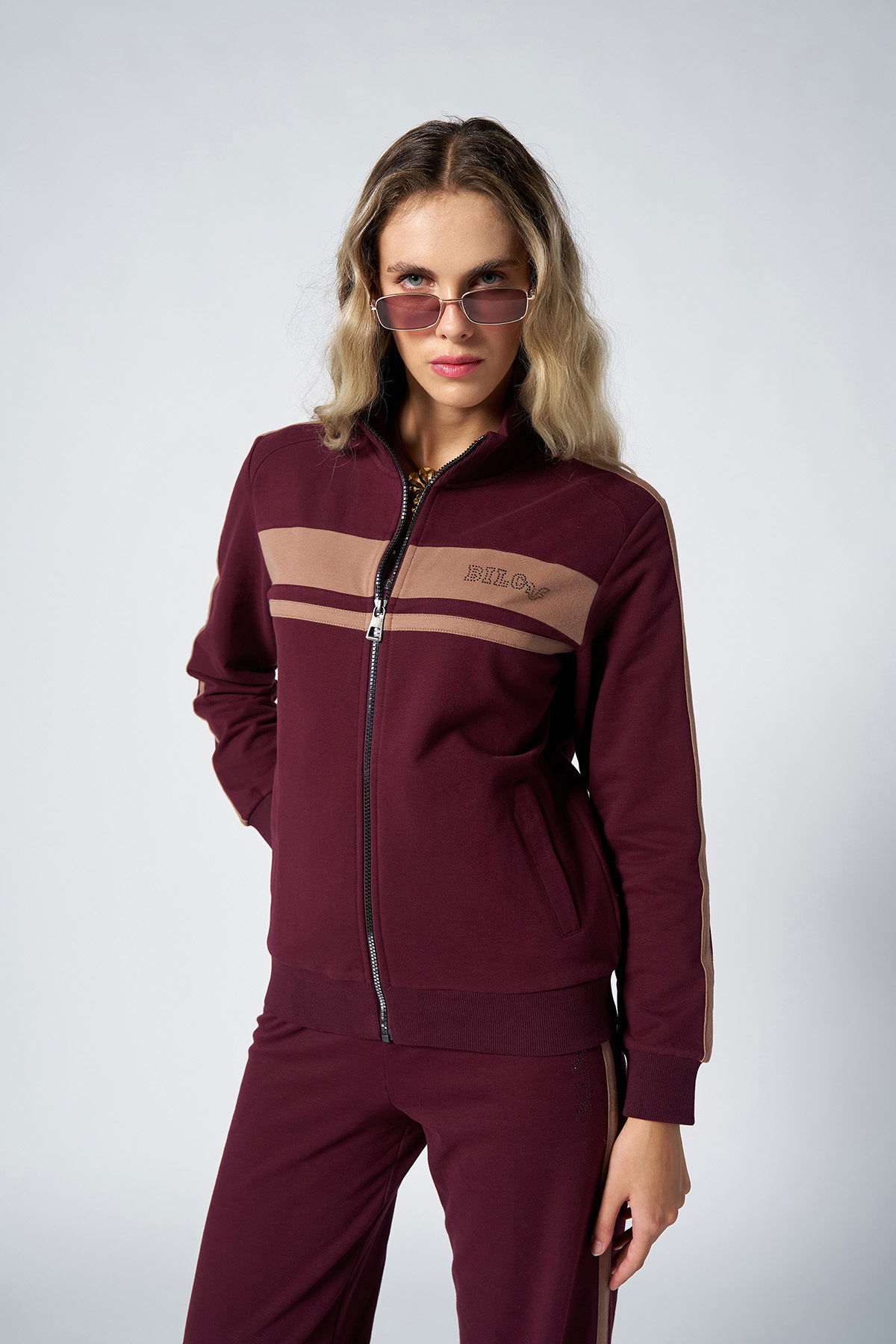 Kadın Bordo Fashion Yumuşak Dokulu Şeritli Eşofman Takımı | 4565 - BİLCEE