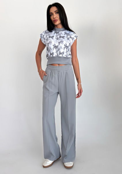 Kadın Gri Yüksek Bel Nervürlü Bol Kumaş Pantolon 4591 