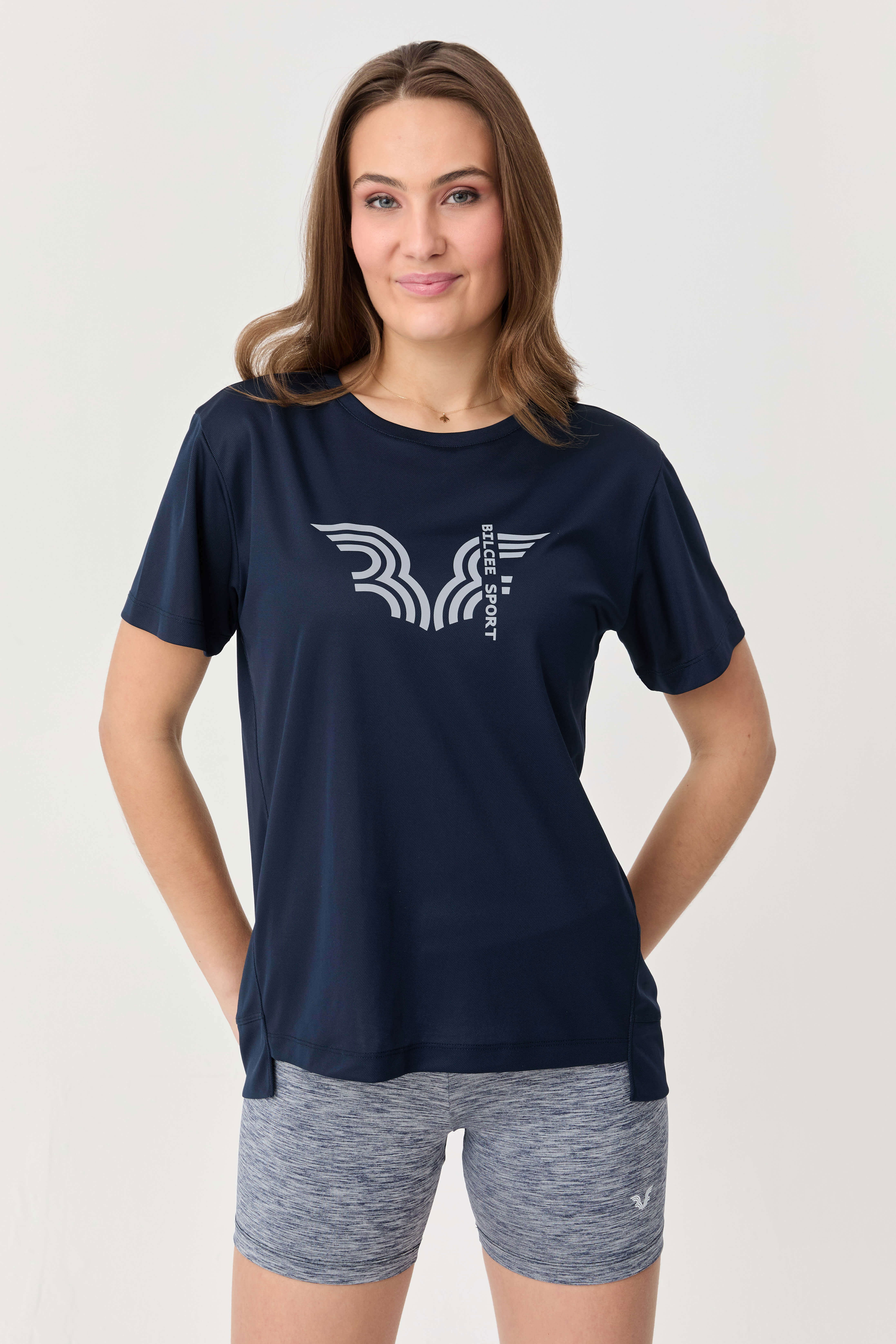 Kadın Lacivert Hızlı Kuruyan Hafif Antrenman Baskılı Tişört | 9706 - BİLCEE