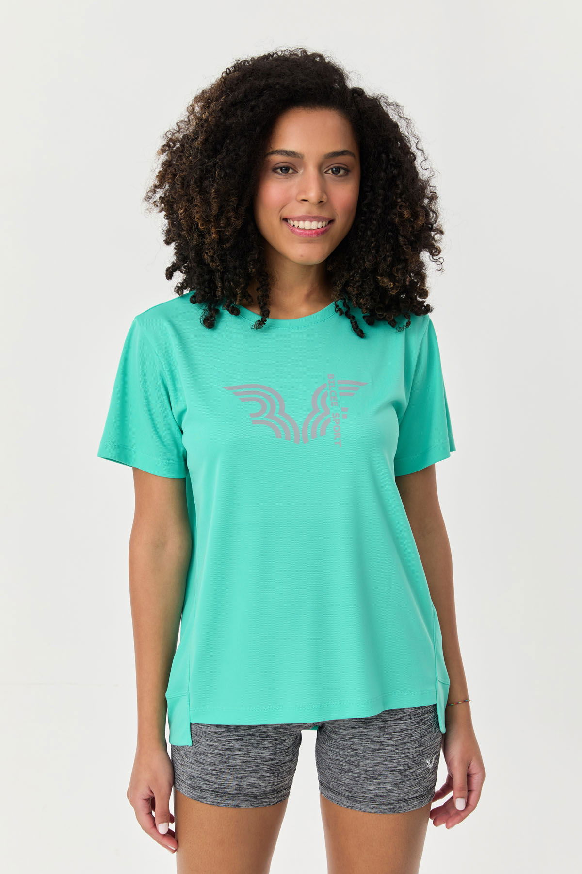 Kadın Turkuaz Hızlı Kuruyan Hafif Antrenman Baskılı Tişört | 9706 - BİLCEE