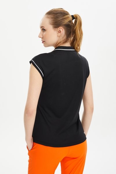 Kadın Siyah Hızlı Kuruyan Hafif Antreman Polo Yakalı Düşük Kollu Tenis Spor Tişört 0652