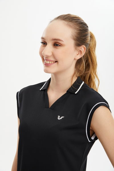 Kadın Siyah Hızlı Kuruyan Hafif Antreman Polo Yakalı Düşük Kollu Tenis Spor Tişört 0652