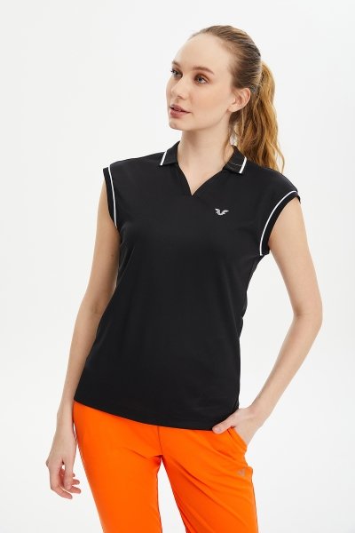 Kadın Siyah Hızlı Kuruyan Hafif Antreman Polo Yakalı Düşük Kollu Tenis Spor Tişört 0652
