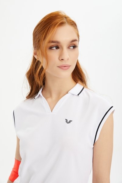 Kadın Beyaz Hızlı Kuruyan Hafif Antreman Polo Yakalı Düşük Kollu Tenis Spor Tişört 0652