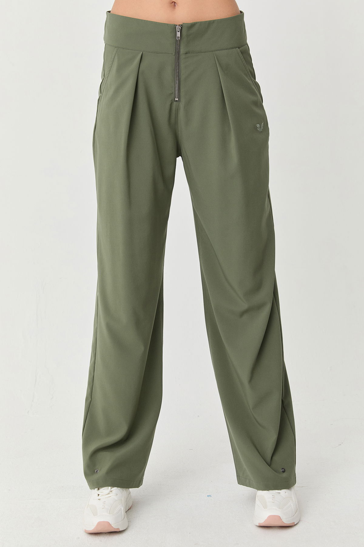 Kadın Yeşil İnce Likralı Fermuarlı Bol Paça Dokuma Hafif Pantolon | 0074 - BİLCEE