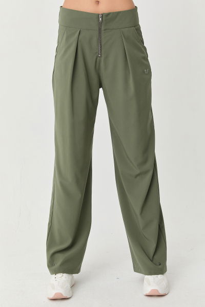 Kadın Yeşil İnce Likralı Fermuarlı Bol Paça Dokuma Hafif Pantolon | 0074 