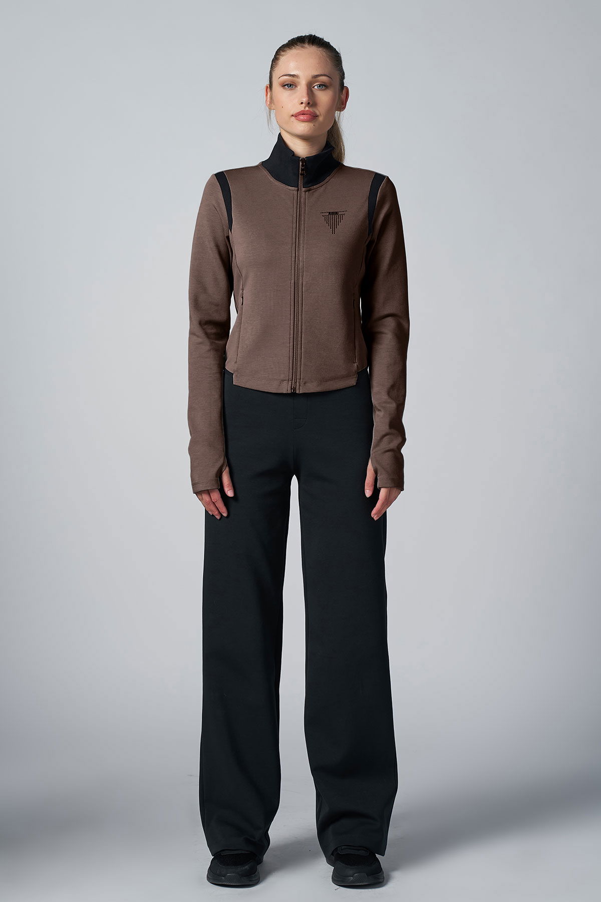 Kadın Kahverengi Crop Ceketli Palazzo Pantolonlu Eşofman Takım 4560 - BİLCEE (1)