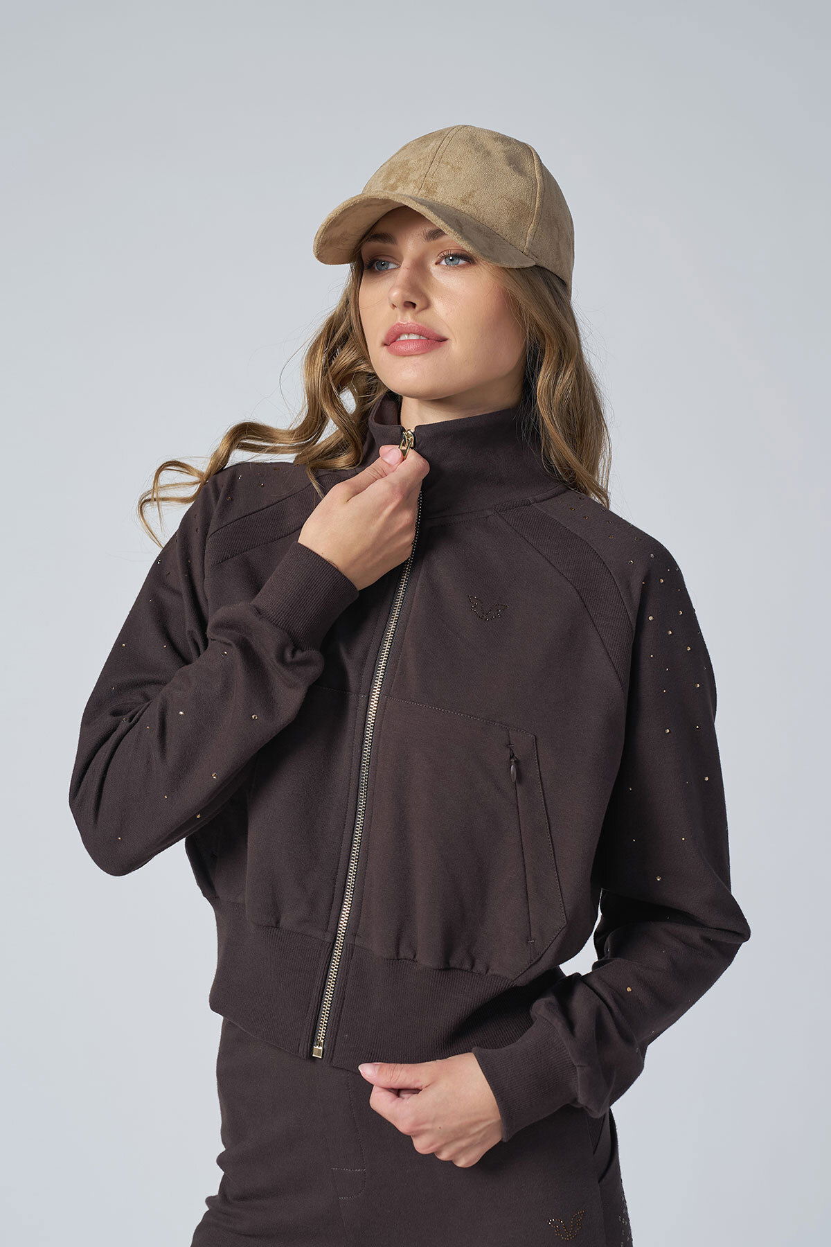  Kadın Kahverengi Fashion Taşlı Yumuşak Dokulu Fırçalı Kumaş Eşofman Takım |4563 - BİLCEE (1)