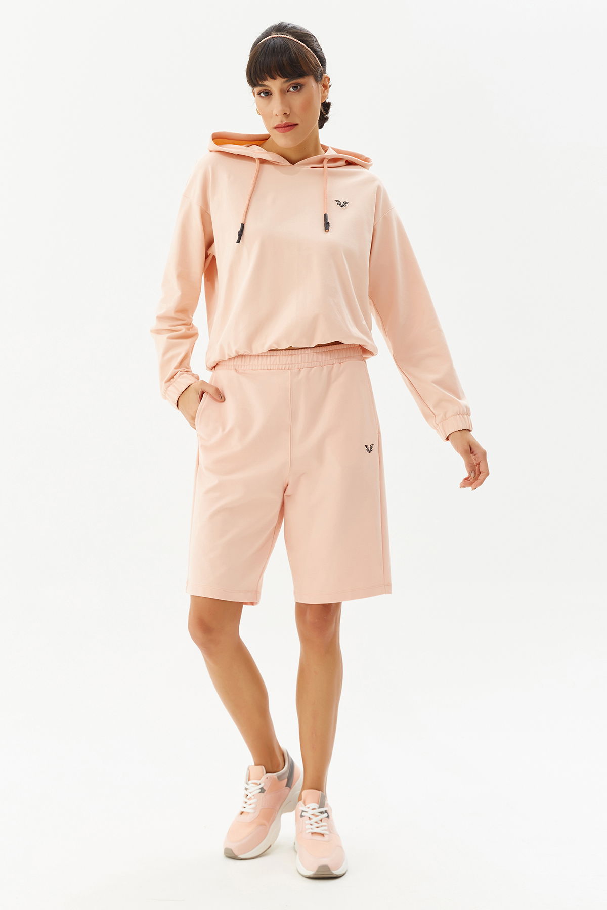 Pudra Kadın Baskı Detaylı %100 Pamuk Cepli Kısa Günlük Ve Spor Kapri Şort 0103 - BİLCEE (1)