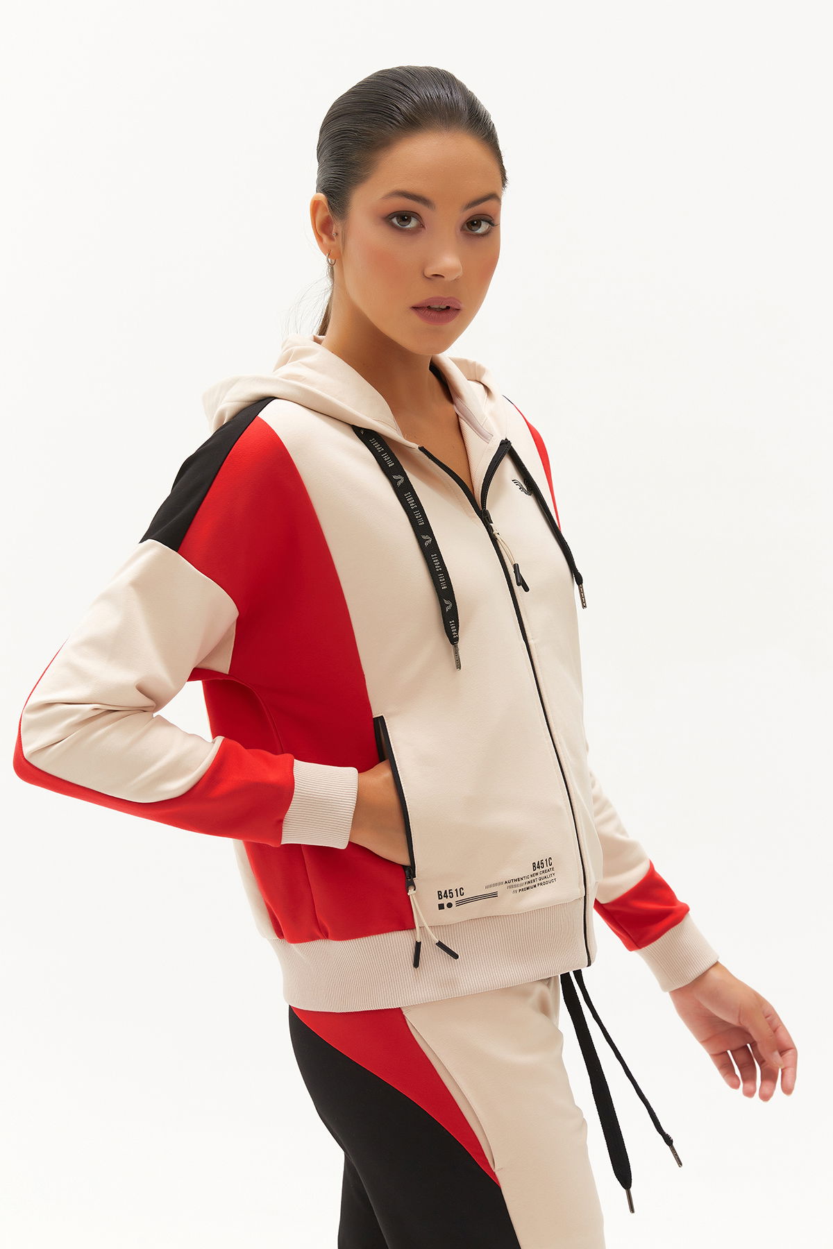 Kadın Krem Kapüşonlu Cepli Fermuarlı Spor Alt Üst Eşofman Takımı | 0459 - BİLCEE (1)