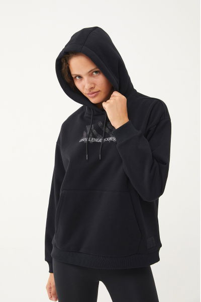 Kadın Siyah Sim Baskılı Kanguru Cepli Kapüşonlu İçi Şardonlu Sweatshirt 1602 
