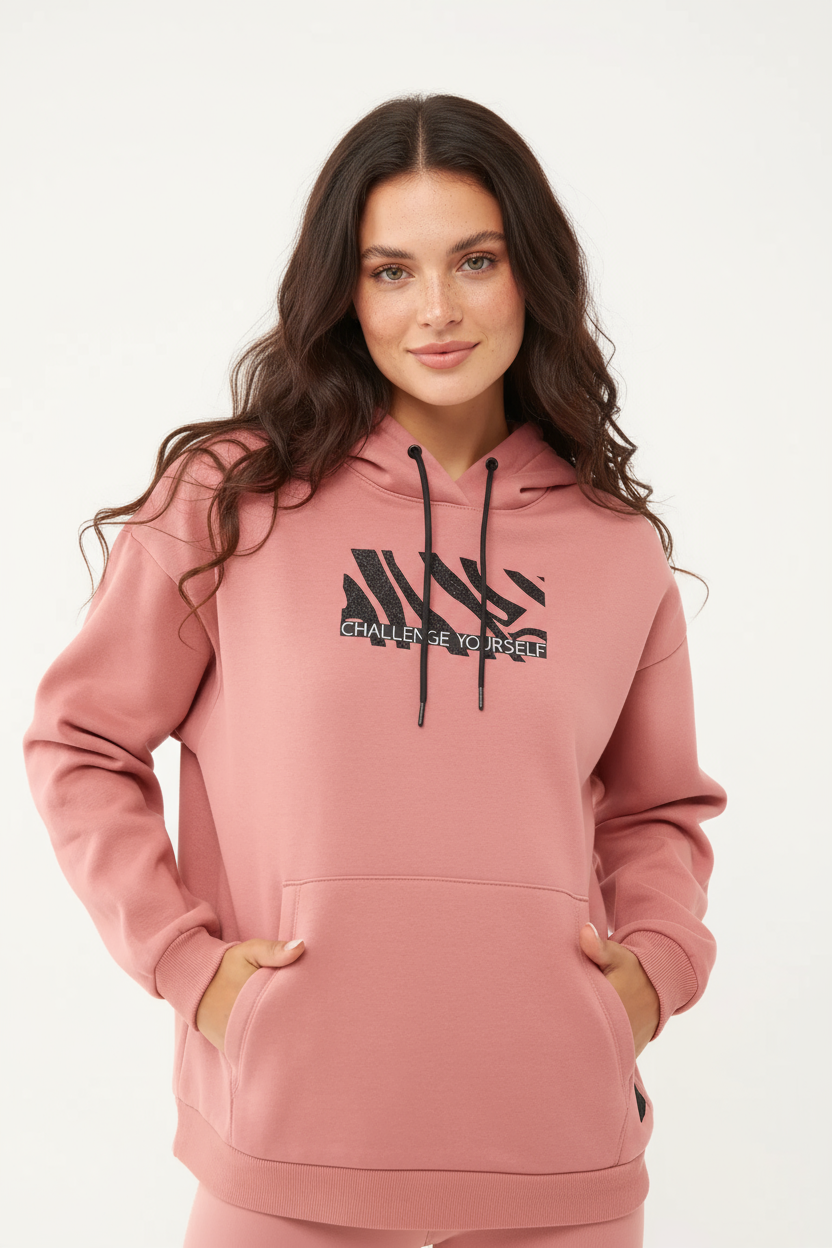 Kadın Pudra Sim Baskılı Kanguru Cepli Kapüşonlu İçi Şardonlu Sweatshirt | 1602 - BİLCEE