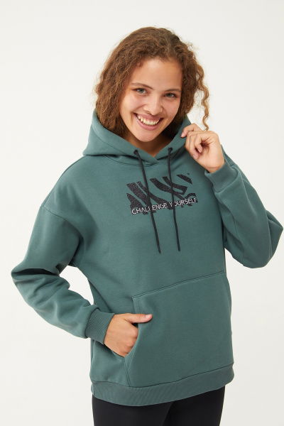 Kadın Yeşil Kapüşonlu Sim Baskılı İçi Şardonlu Sweatshirt 1602 