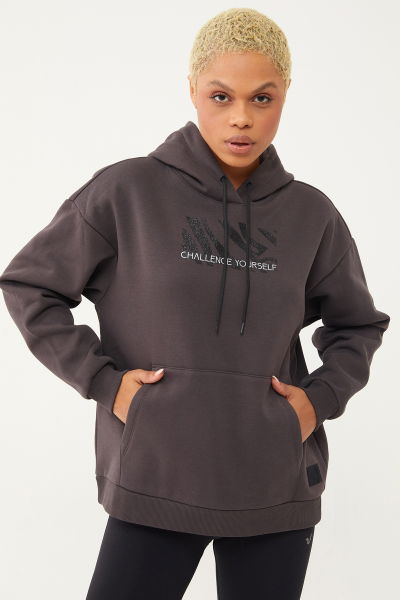 Kadın Kahverengi Sim Baskılı Kanguru Cepli Kapüşonlu İçi Şardonlu Sweatshirt 1602 