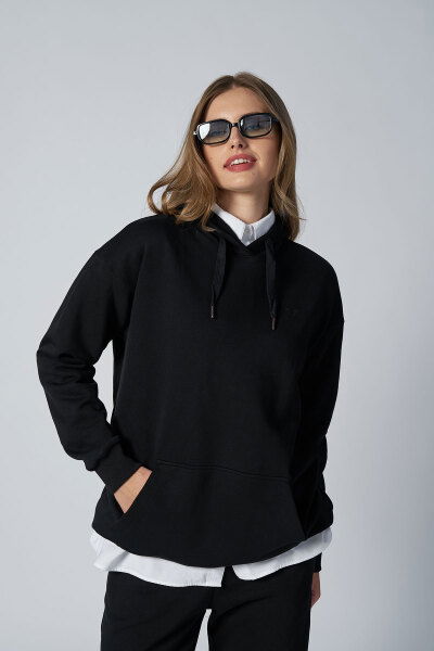 Siyah Kadın Kapüşonlu Kanguru Cepli Pamuklu Spor Düz Sweatshirt | 8785 
