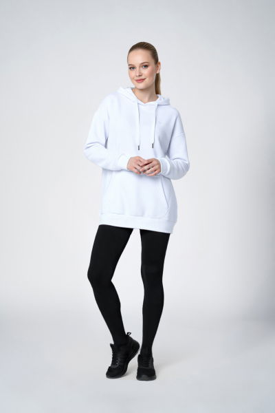 Beyaz Kadın Kapüşonlu Kanguru Cepli Pamuklu Spor Düz Sweatshirt | 8785 