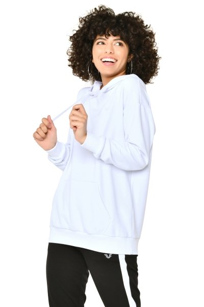 BİLCEE - Kadın Beyaz Kapüşonlu Kanguru Cepli Pamuklu Sweatshirt 8785