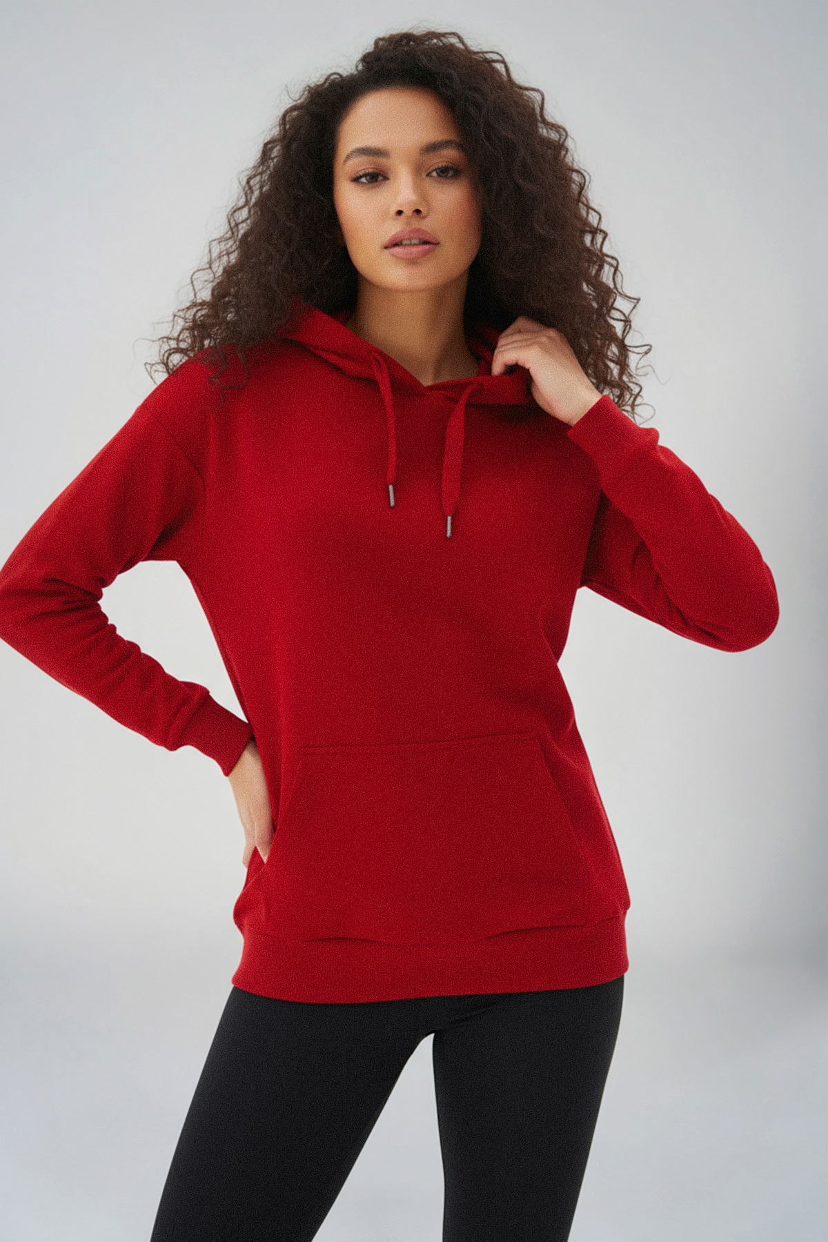 Kırmızı Kadın Kapüşonlu Kanguru Cepli Pamuklu Spor Düz Sweatshirt | 8785 - BİLCEE (1)