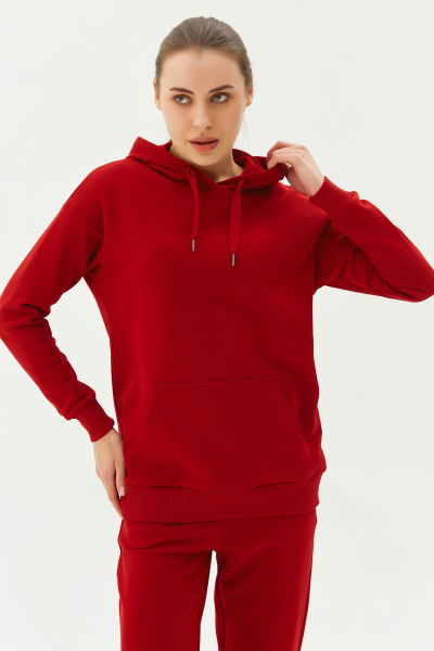BİLCEE - Kadın Kırmızı Kapüşonlu Kanguru Cepli Pamuklu Sweatshirt 8785