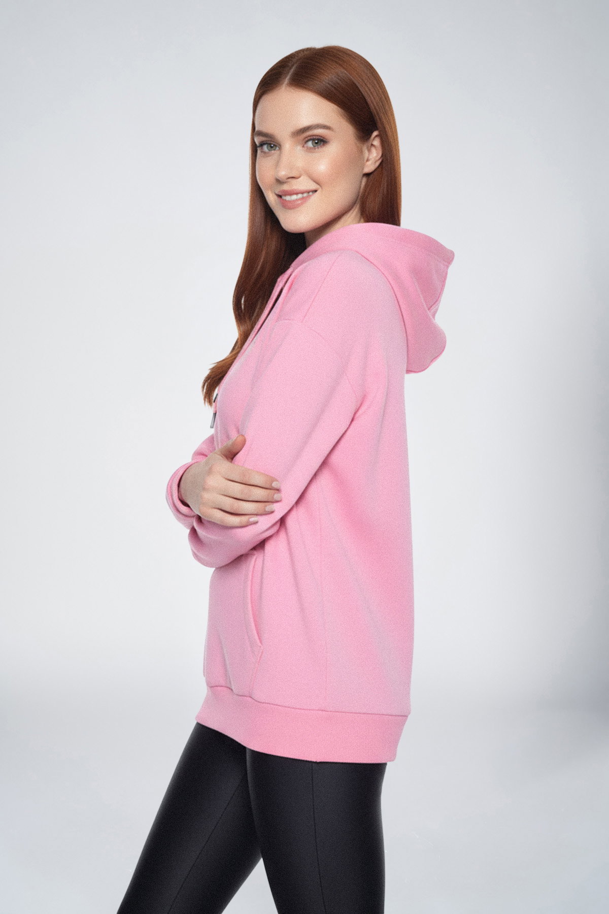 Pembe Kadın Kapüşonlu Kanguru Cepli Pamuklu Spor Düz Sweatshirt | 8785 - BİLCEE (1)