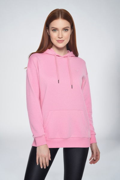 Pembe Kadın Kapüşonlu Kanguru Cepli Pamuklu Spor Düz Sweatshirt | 8785 