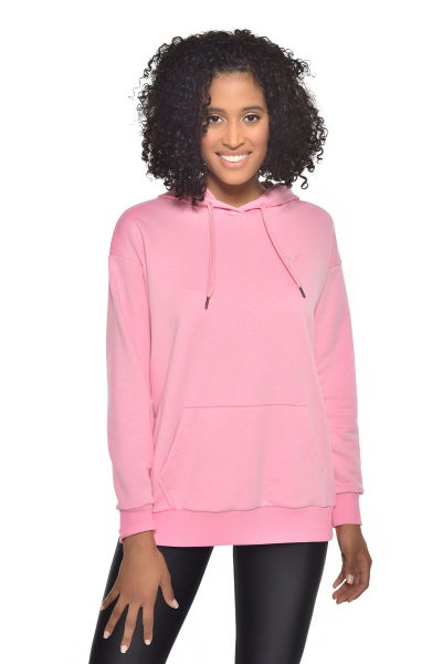 Pembe Kadın Kapüşonlu Kanguru Cepli Pamuklu Spor Düz Sweatshirt | 8785 