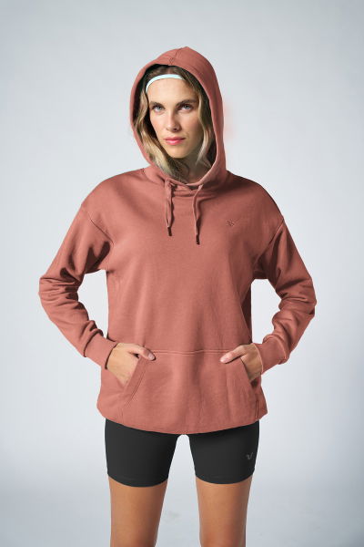 Pudra Pembe Kadın Kapüşonlu Kanguru Cepli Pamuklu Spor Düz Sweatshirt | 8785 