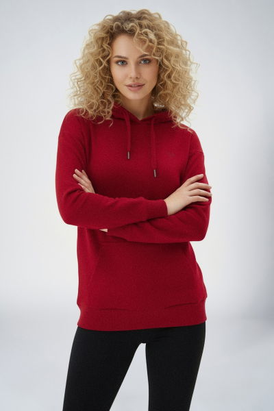 Kadın Bordo Kapüşonlu Kanguru Cepli Pamuklu Spor Düz Sweatshirt | 8785 