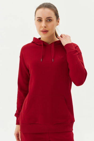 Kadın Bordo Kapüşonlu Kanguru Cepli Pamuklu Spor Düz Sweatshirt 8785 