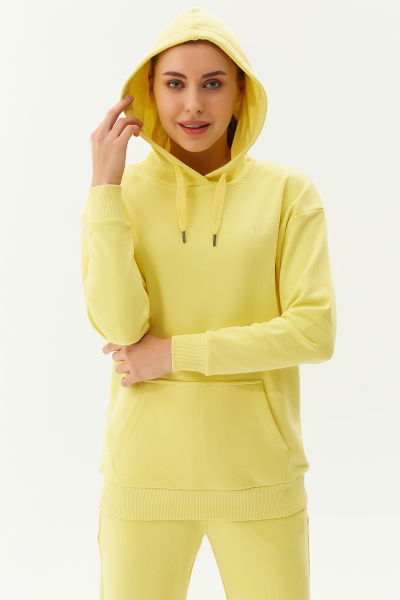 Kadın Sarı Kapüşonlu Kanguru Cepli Pamuklu Spor Düz Sweatshirt 8785 