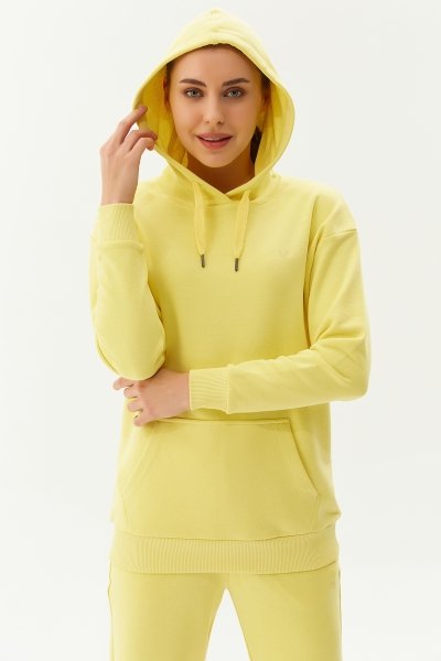 BİLCEE - Kadın Sarı Kapüşonlu Kanguru Cepli Pamuklu Sweatshirt 8785