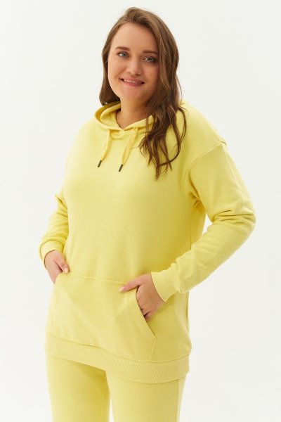 Kadın Sarı Kapüşonlu Kanguru Cepli Pamuklu Spor Düz Sweatshirt 8785