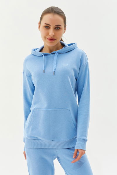 Kadın Koyu Mavi Kapüşonlu Kanguru Cepli Pamuklu Spor Düz Sweatshirt 8785