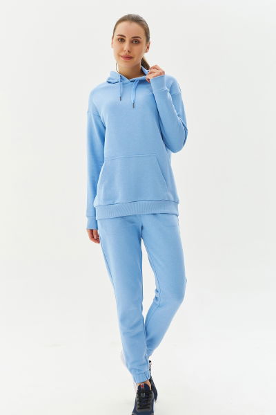 Kadın Koyu Mavi Kapüşonlu Kanguru Cepli Pamuklu Spor Düz Sweatshirt 8785