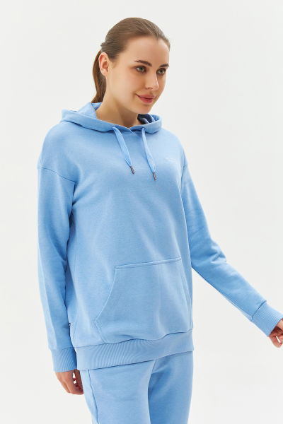 Kadın Koyu Mavi Kapüşonlu Kanguru Cepli Pamuklu Spor Düz Sweatshirt 8785