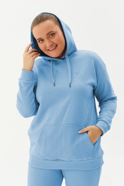 BİLCEE - Kadın Mavi Kapüşonlu Kanguru Cepli Pamuklu Sweatshirt 8785 (1)