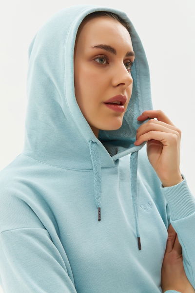 Kadın Mavi Kapüşonlu Kanguru Cepli Pamuklu Spor Düz Sweatshirt 8785