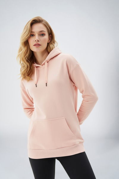 Kadın Yavruağzı Kapüşonlu Kanguru Cepli Pamuklu Spor Düz Sweatshirt | 8785 