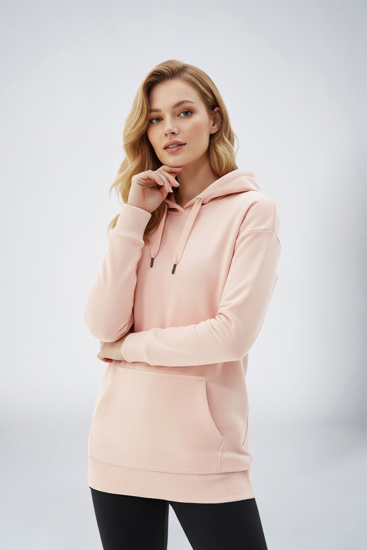 Kadın Yavruağzı Kapüşonlu Kanguru Cepli Pamuklu Spor Düz Sweatshirt | 8785 - BİLCEE (1)