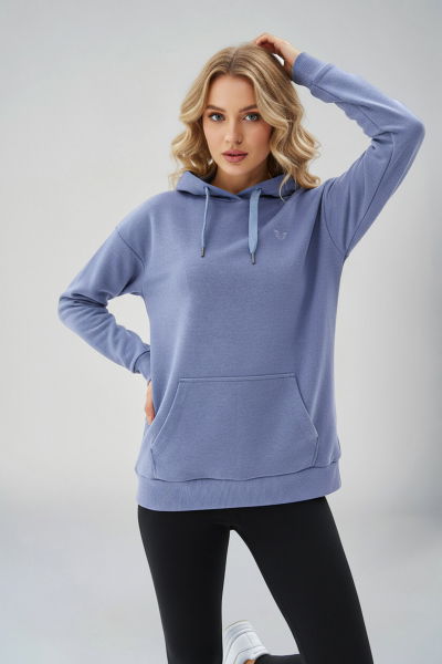 Kadın Mavi Kapüşonlu Kanguru Cepli Pamuklu Spor Düz Sweatshirt | 8785 