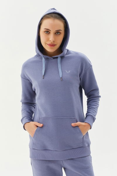 Kadın Mavi Kapüşonlu Kanguru Cepli Pamuklu Spor Düz Sweatshirt 8785 