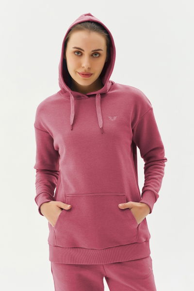 Kadın Koyu Pembe Kapüşonlu Kanguru Cepli Pamuklu Spor Düz Sweatshirt | 8785 