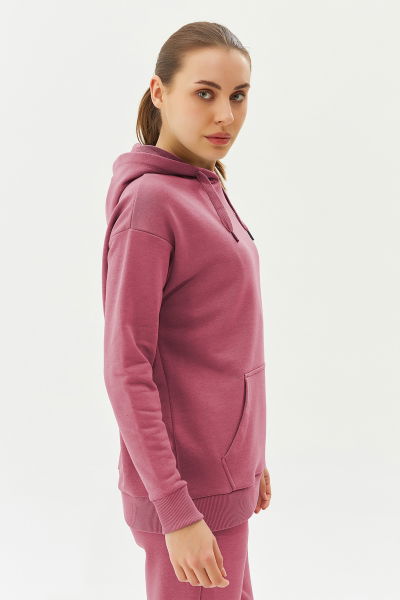 Kadın Koyu Pembe Kapüşonlu Kanguru Cepli Pamuklu Spor Düz Sweatshirt 8785