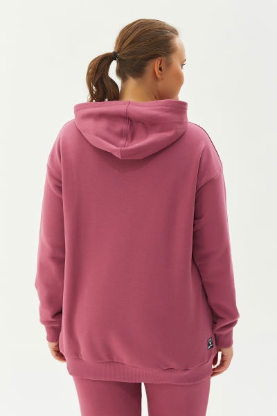 Kadın Koyu Pembe Kapüşonlu Kanguru Cepli Pamuklu Spor Düz Sweatshirt 8785