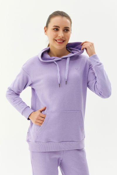 BİLCEE - Kadın Lila Kapüşonlu Kanguru Cepli Pamuklu Sweatshirt 8785