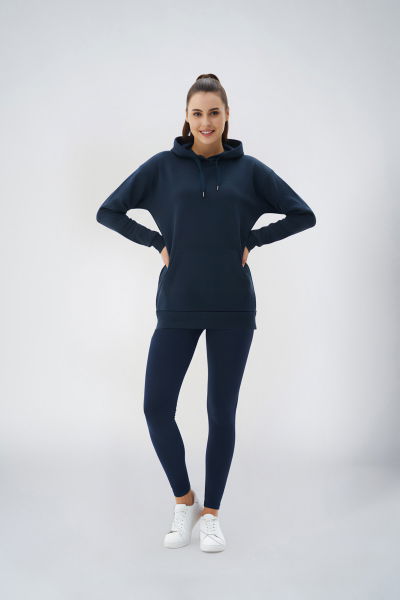Kadın Lacivert Kapüşonlu Kanguru Cepli Pamuklu Spor Düz Sweatshirt | 8785 